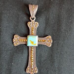 Silver and Blue Ornate Cross Necklace